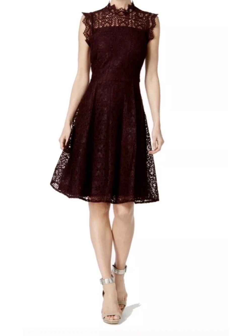 Calvin Klein Women’s Burgundy Lace Fit & Flare Dress Size 4 Sleeveless Cocktail